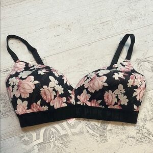 Pink Victorias Secret Black and Pink Floral Logo Print Wear Everywhere Bra 36D